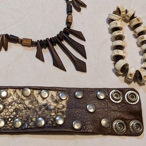 3 piece Leather, bone and wooden jewelry set